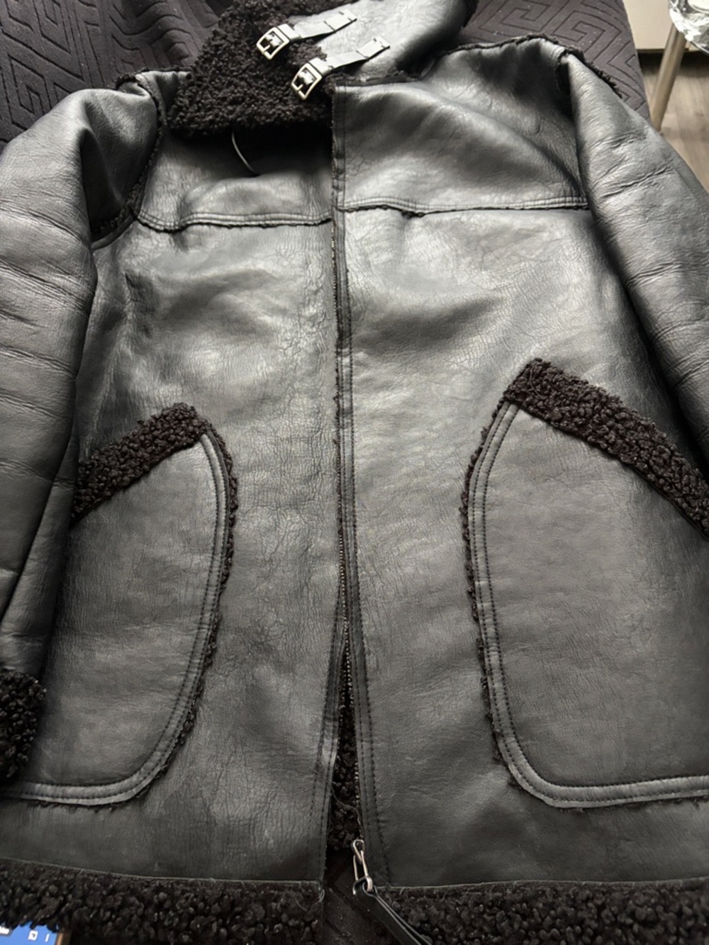 Max Studio Black Faux Shearling-Trim Leather Jacket
